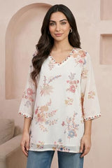 W for Woman Off White Embroidered Chiffon Straight Top - (W31463-126851-3XL)