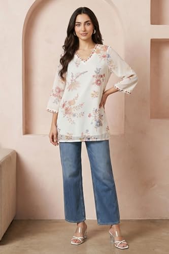 W for Woman Off White Embroidered Chiffon Straight Top - (W31463-126851-3XL)