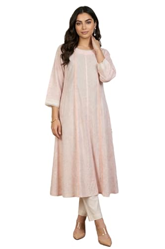 W for Woman Pastel Pink Floral Printed Lace Pure Cotton Anarkali Kurta - (W13812-127544-3XL)