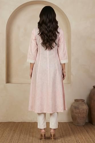 W for Woman Pastel Pink Floral Printed Lace Pure Cotton Anarkali Kurta - (W13812-127544-3XL)