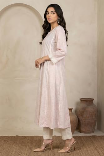 W for Woman Pastel Pink Floral Printed Lace Pure Cotton Anarkali Kurta - (W13812-127544-3XL)