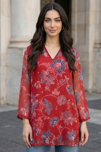 W for Woman Red Floral Printed Chiffon Straight Top - (W31457-126807-M)