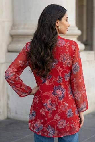 W for Woman Red Floral Printed Chiffon Straight Top - (W31457-126807-M)