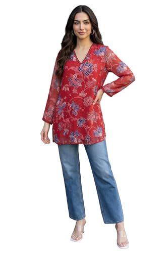 W for Woman Red Floral Printed Chiffon Straight Top - (W31457-126807-M)