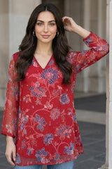 W for Woman Red Floral Printed Chiffon Straight Top - (W31457-126807-M)
