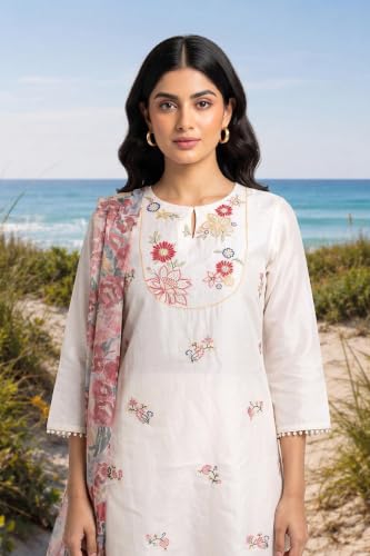 W for Woman Off White Floral Printed Thread Embroidered Chanderi Straight Kurta with Straight Pants and Dupatta Set
