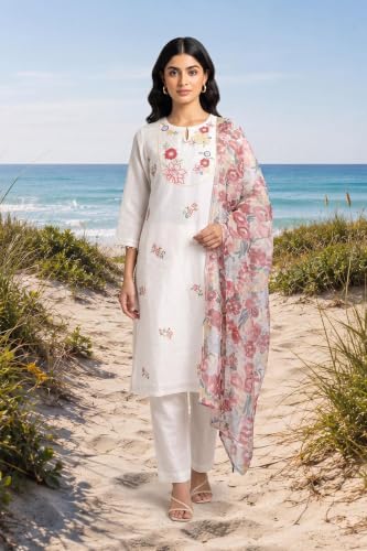 W for Woman Off White Floral Printed Thread Embroidered Chanderi Straight Kurta with Straight Pants and Dupatta Set