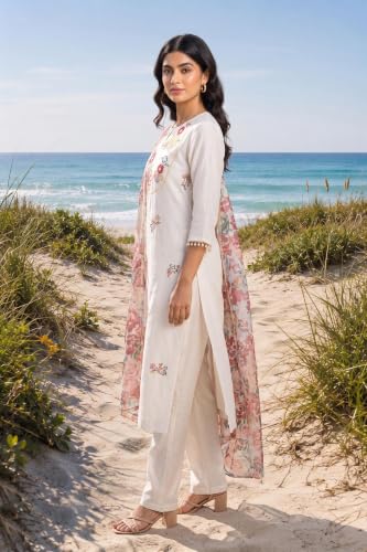 W for Woman Off White Floral Printed Thread Embroidered Chanderi Straight Kurta with Straight Pants and Dupatta Set