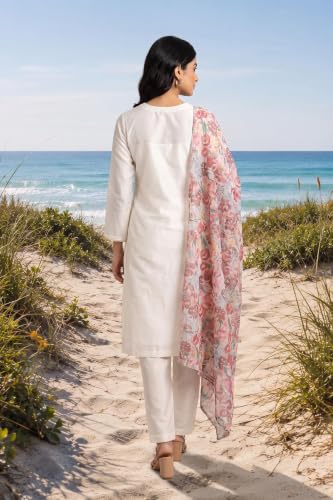 W for Woman Off White Floral Printed Thread Embroidered Chanderi Straight Kurta with Straight Pants and Dupatta Set