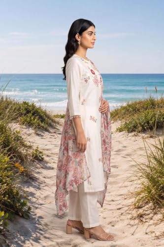 W for Woman Off White Floral Printed Thread Embroidered Chanderi Straight Kurta with Straight Pants and Dupatta Set