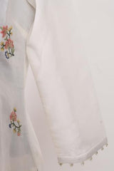 W for Woman Off White Floral Printed Thread Embroidered Chanderi Straight Kurta with Straight Pants and Dupatta Set