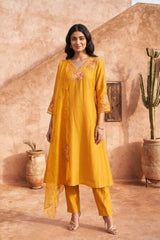W for Woman Yellow Thread Embroidered A-line Kurta with Straight Pants and Dupatta Set