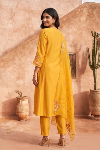 W for Woman Yellow Thread Embroidered A-line Kurta with Straight Pants and Dupatta Set