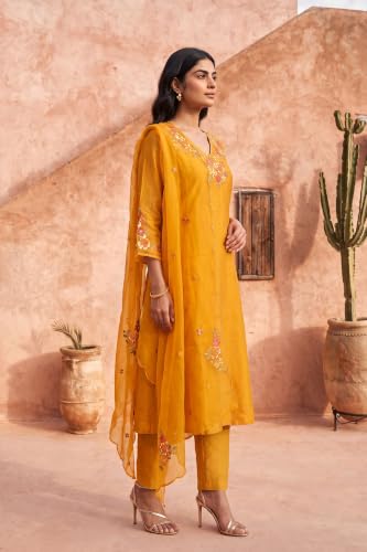 W for Woman Yellow Thread Embroidered A-line Kurta with Straight Pants and Dupatta Set