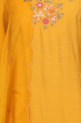 W for Woman Yellow Thread Embroidered A-line Kurta with Straight Pants and Dupatta Set
