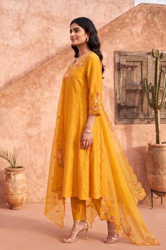 W for Woman Yellow Thread Embroidered A-line Kurta with Straight Pants and Dupatta Set