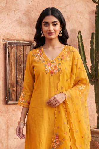 W for Woman Yellow Thread Embroidered A-line Kurta with Straight Pants and Dupatta Set