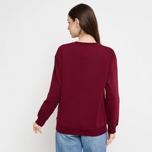 Madame Typography Printed Wine Red Pullover Sweatshirt