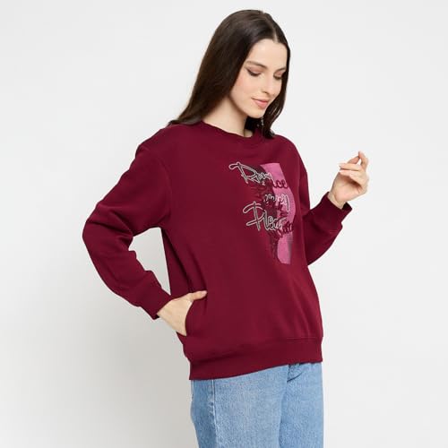 Madame Typography Printed Wine Red Pullover Sweatshirt