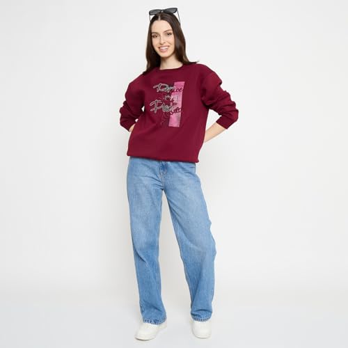 Madame Typography Printed Wine Red Pullover Sweatshirt