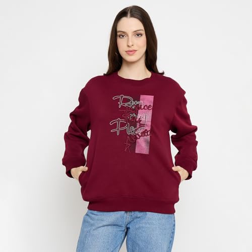 Madame Typography Printed Wine Red Pullover Sweatshirt