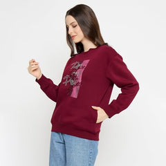 Madame Typography Printed Wine Red Pullover Sweatshirt