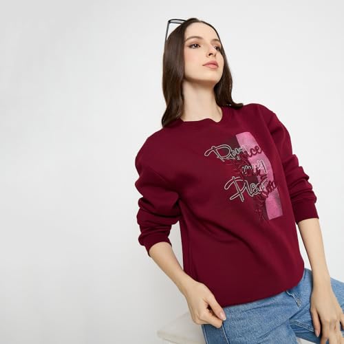 Madame Typography Printed Wine Red Pullover Sweatshirt