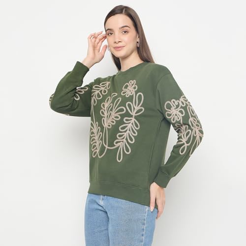 Madame Floral Embroidery Cotton Blend Green Sweatshirt