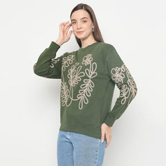 Madame Floral Embroidery Cotton Blend Green Sweatshirt