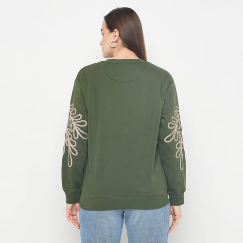 Madame Floral Embroidery Cotton Blend Green Sweatshirt