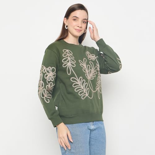 Madame Floral Embroidery Cotton Blend Green Sweatshirt