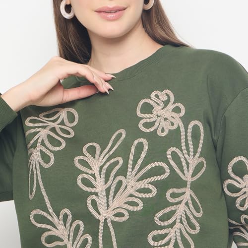 Madame Floral Embroidery Cotton Blend Green Sweatshirt