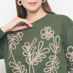 Madame Floral Embroidery Cotton Blend Green Sweatshirt