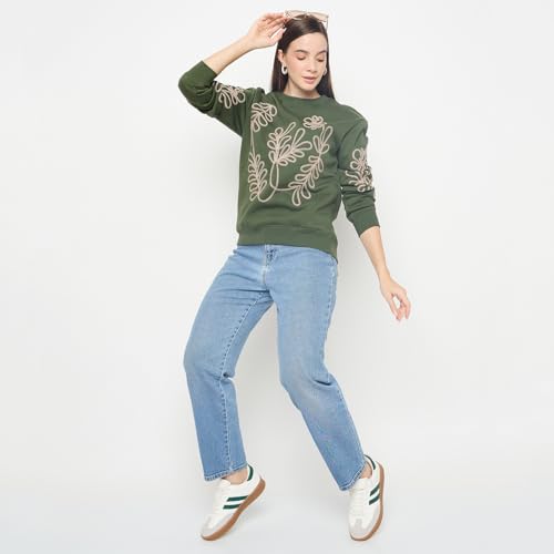 Madame Floral Embroidery Cotton Blend Green Sweatshirt