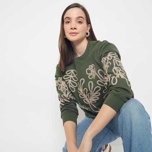 Madame Floral Embroidery Cotton Blend Green Sweatshirt