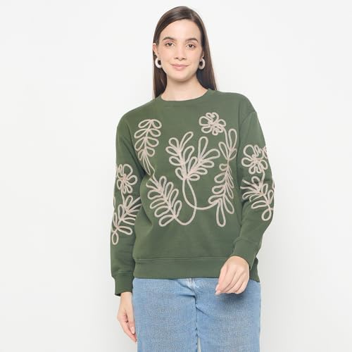 Madame Floral Embroidery Cotton Blend Green Sweatshirt