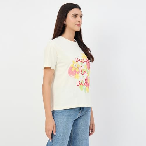 Madame Beige Crew Neck Printed Cotton T-Shirt