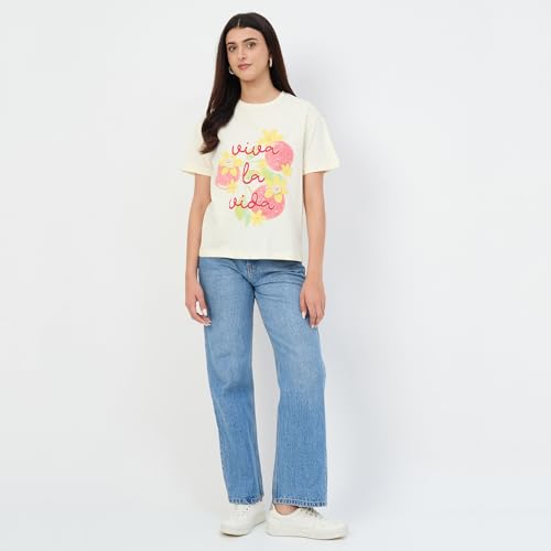 Madame Beige Crew Neck Printed Cotton T-Shirt