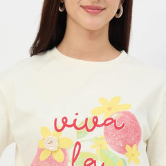 Madame Beige Crew Neck Printed Cotton T-Shirt