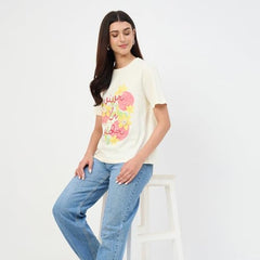 Madame Beige Crew Neck Printed Cotton T-Shirt