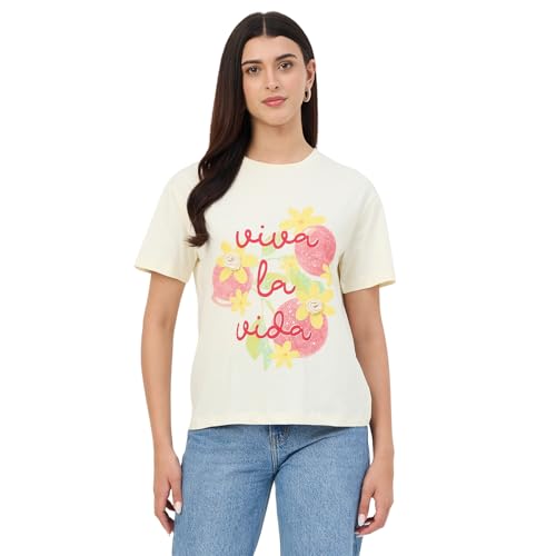 Madame Beige Crew Neck Printed Cotton T-Shirt