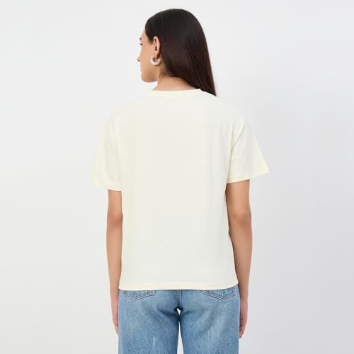 Madame Beige Crew Neck Printed Cotton T-Shirt