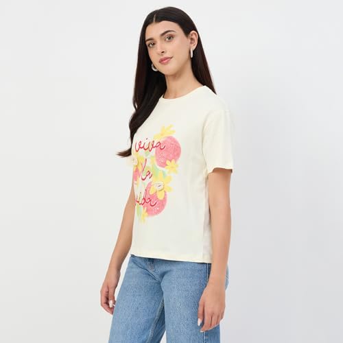 Madame Beige Crew Neck Printed Cotton T-Shirt