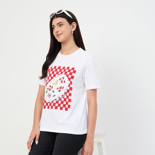 Madame White Printed Crew Neck Cotton T-Shirt