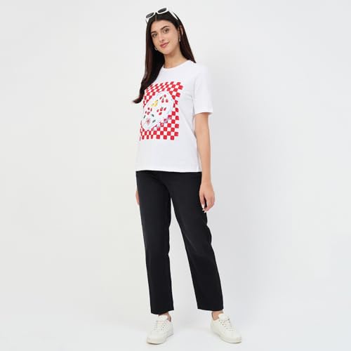 Madame White Printed Crew Neck Cotton T-Shirt