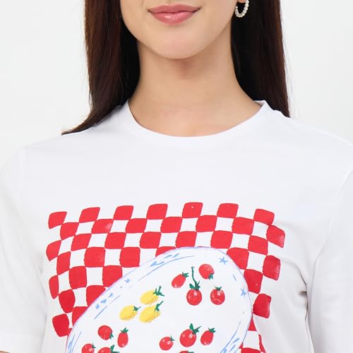 Madame White Printed Crew Neck Cotton T-Shirt