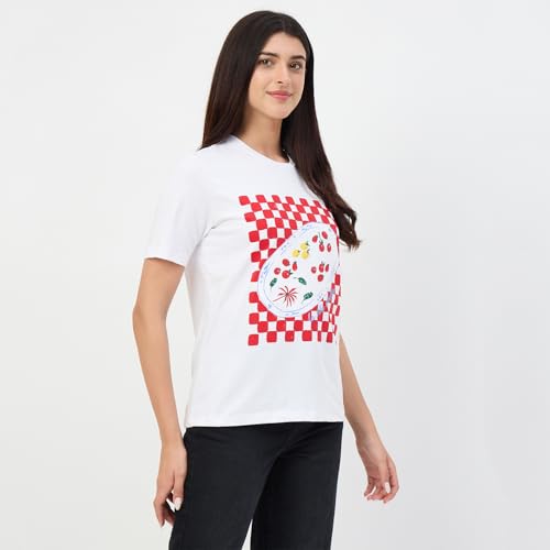 Madame White Printed Crew Neck Cotton T-Shirt