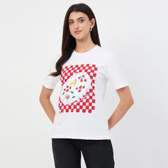 Madame White Printed Crew Neck Cotton T-Shirt