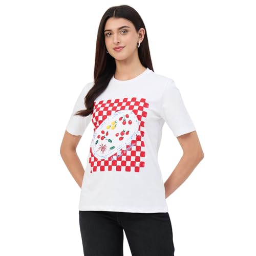 Madame White Printed Crew Neck Cotton T-Shirt