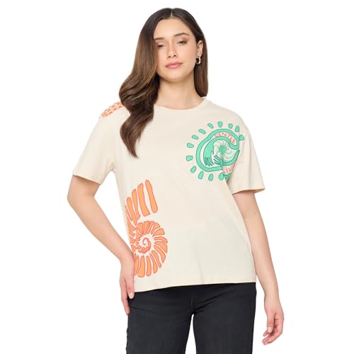 Madame Beige Printed Cotton Round Neck T Shirt